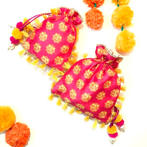 colorful floral with tassel printed Potli bags set of 10 pieces, give away gift potli bags